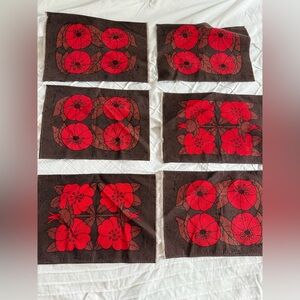 Vintage Floral Placemats Set Of 6 Red Flowers Brown Mid Century Modern 60’s-70’s